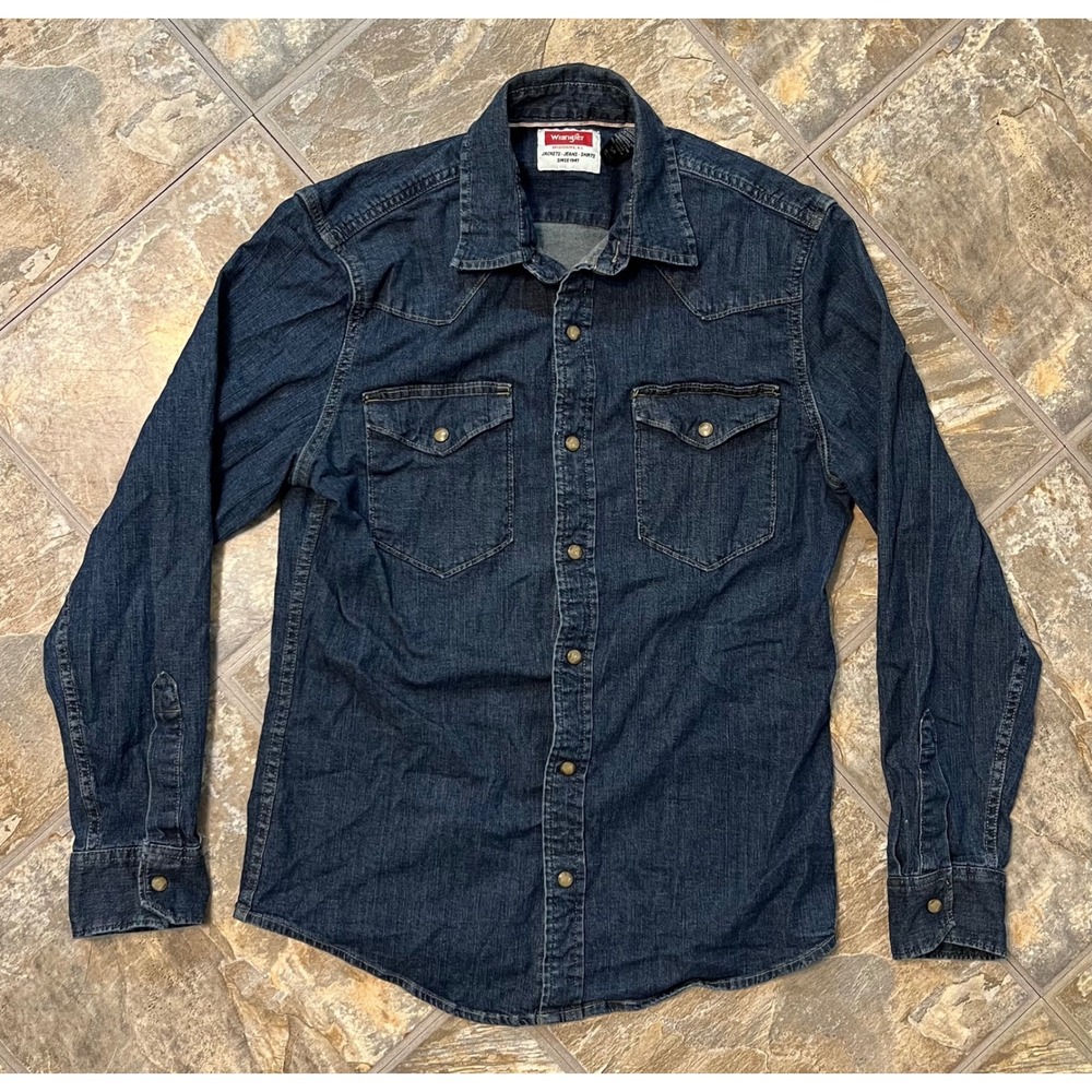 Wrangler Denim Western Shirt Mens S Small Blue Pearl Snap Stretch